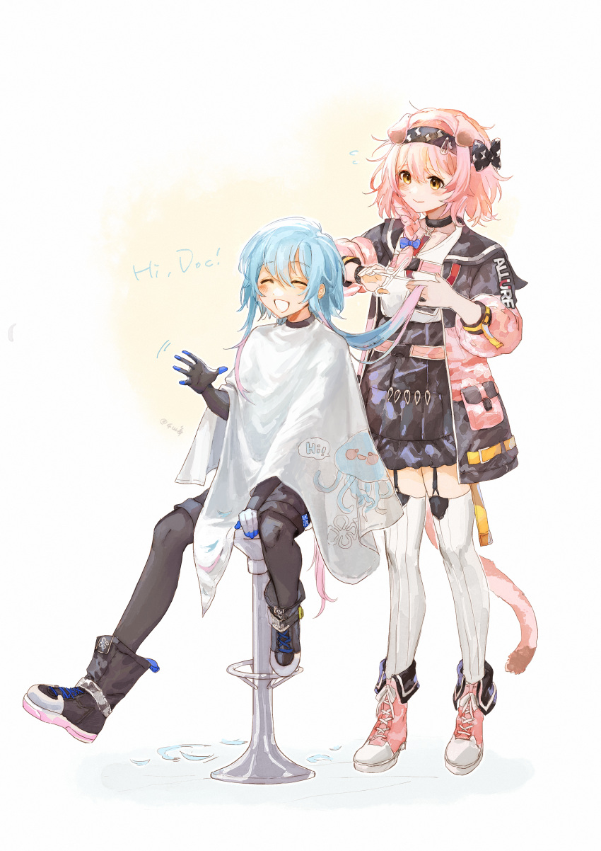 1boy 1girl :d absurdres animal_ears arknights black_bow black_choker black_footwear black_gloves black_hairband black_jacket black_pantyhose black_shorts black_skirt blue_bow blue_hair blush boots bow bow_hairband braid cat_ears cat_tail chinese_commentary choker closed_eyes closed_mouth commentary_request cross-laced_footwear flying_sweatdrops gloves goldenglow_(arknights) gradient_hair hair_between_eyes hair_bow hair_ornament hairband hairclip hairdressing highres holding holding_another's_hair holding_scissors jacket mayf42 mizuki_(arknights) multicolored_clothes multicolored_hair multicolored_jacket open_mouth pantyhose pink_footwear pink_hair pink_jacket scissors shirt short_hair_with_long_locks shorts single_braid skirt smile tail thighhighs two-tone_jacket white_shirt white_thighhighs yellow_eyes