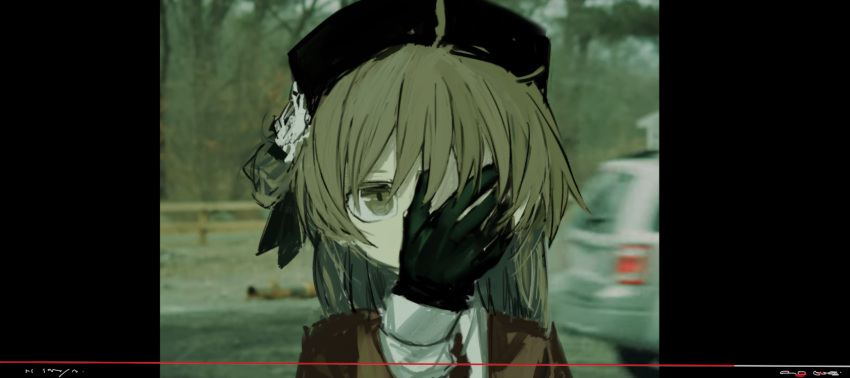 1girl ahoge bangs beret black_gloves black_ribbon blurry blurry_background brown_eyes brown_jacket collared_shirt covered_mouth covering_face covering_one_eye fake_video flower gloves hair_ribbon hand_over_face hand_up hat hat_flower hatoba_tsugu highres jacket kokaki_mumose light_brown_hair long_sleeves looking_at_viewer medium_hair motion_blur photo_background pillarboxed portrait reference_request ribbon shirt single_hair_ring solo swept_bangs tsugu_(vtuber) virtual_youtuber white_flower white_shirt youtube