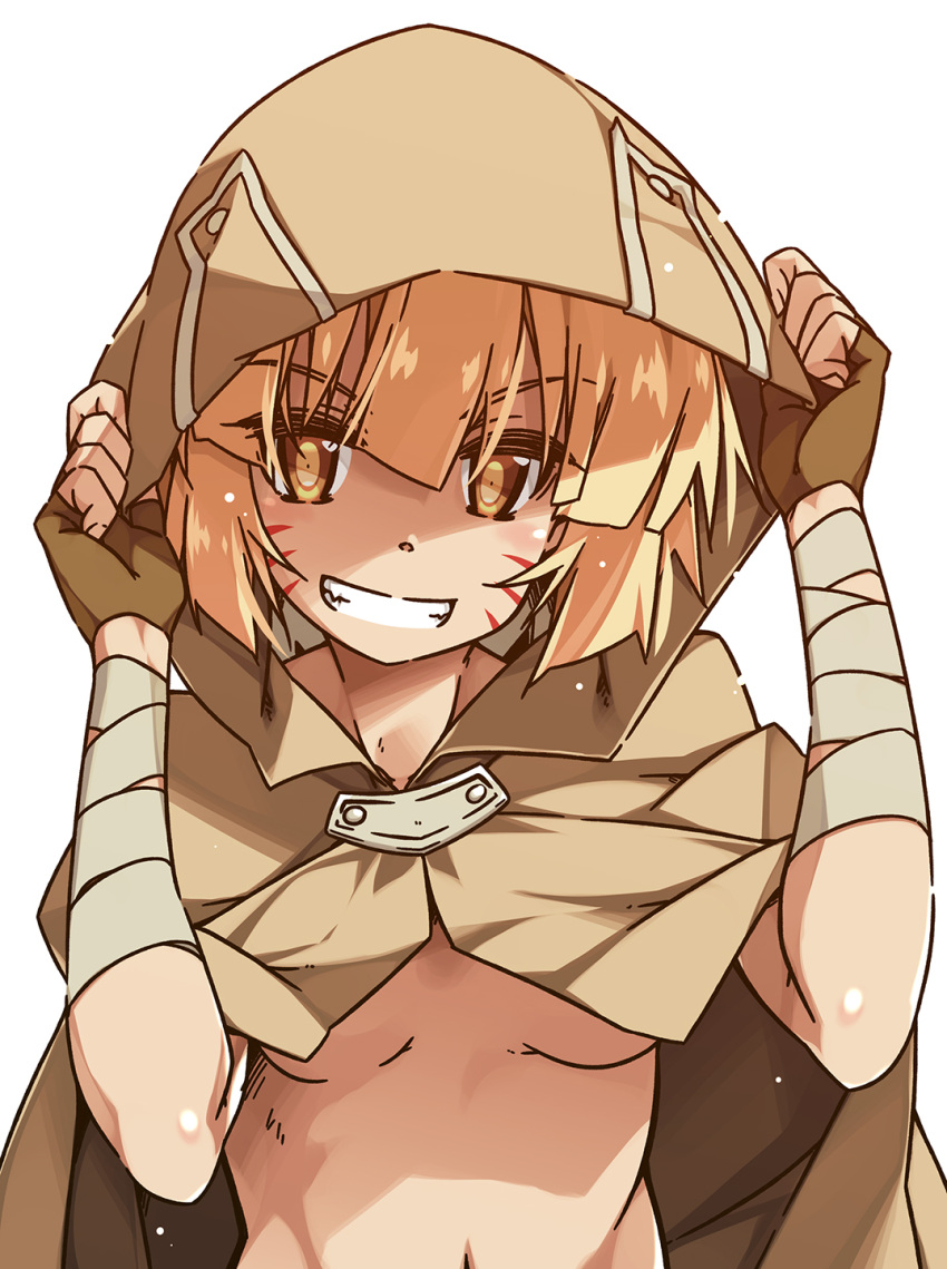 1girl argo_the_rat bandaged_arm bandages bangs blonde_hair breasts cloak commentary_request covered_navel cowboy_shot facial_mark gloves grin highres hood looking_at_viewer naked_cloak navel shikei short_hair simple_background smile solo sword_art_online teeth underboob upper_body whisker_markings white_background yellow_eyes