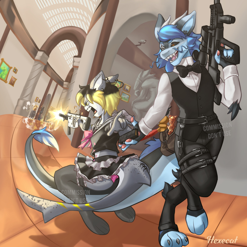1:1 absurd_res anthro butler clothed clothing dragon duo ear_piercing fan_character fish freckles fur gun hexecat hi_res horn hybrid maid_uniform male male/male marine multicolored_body multicolored_fur open_mouth piercing ranged_weapon screaming shark smile underwear uniform weapon