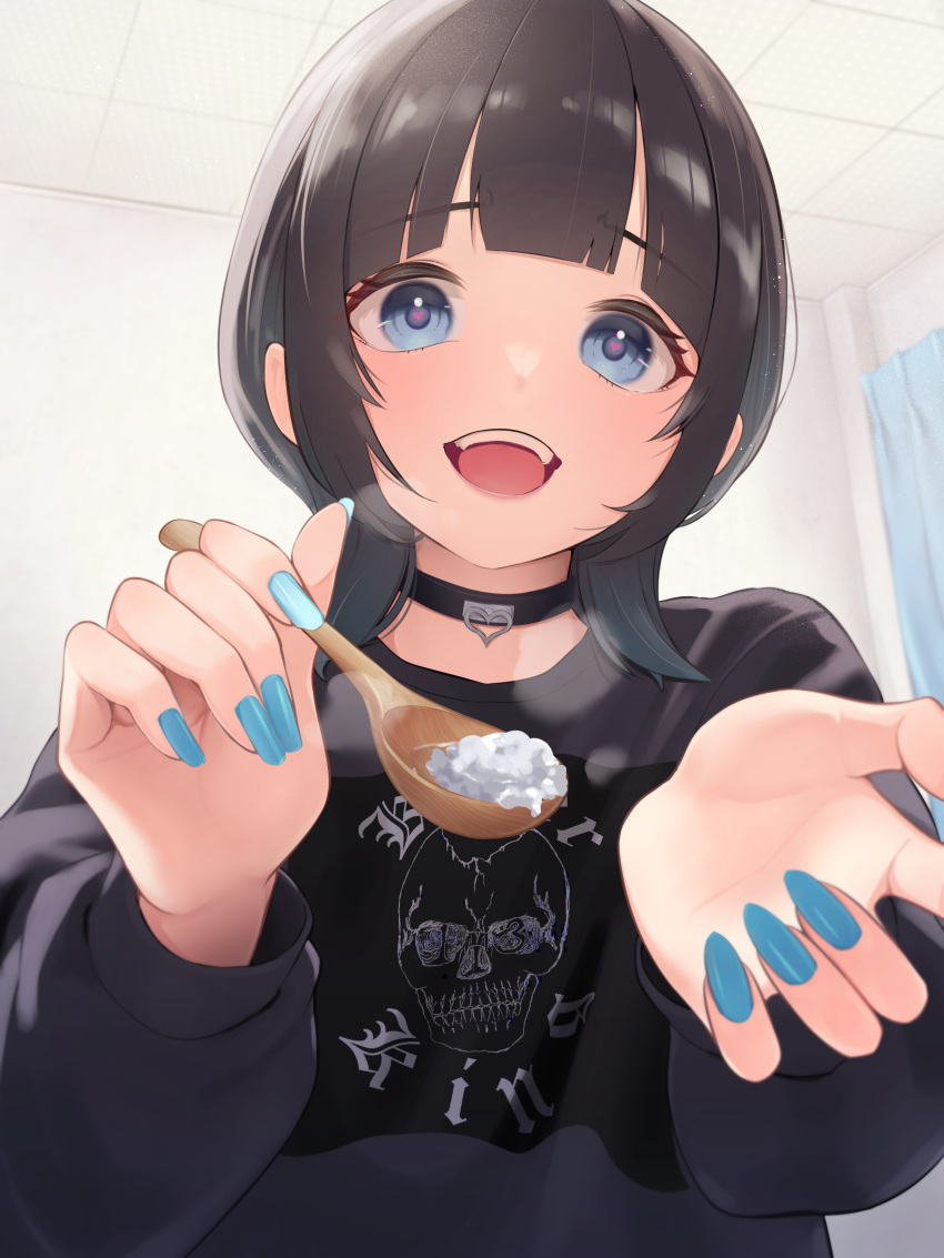 1girl :d absurdres bananafish1111 black_hair blue_eyes blue_nails choker commentary_request feeding heart heart-shaped_pupils highres holding holding_spoon looking_at_viewer medium_hair open_mouth original porridge smile solo spoon symbol-shaped_pupils teeth