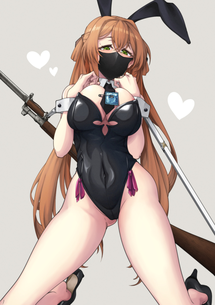 1girl alternate_costume animal_ears ass_visible_through_thighs bangs bare_legs bare_shoulders battle_rifle bayonet black_footwear black_leotard black_mask black_necktie blush bolt_action breast_suppress breasts cleavage collar condom covered_navel detached_collar duplicate fake_animal_ears girls'_frontline green_eyes grey_background gun gun_on_back heart high_heels highres kneeling large_breasts legs leotard long_hair looking_at_viewer m1903_springfield mask mouth_mask nakiusagi necktie orange_hair pixel-perfect_duplicate playboy_bunny rabbit_ears rifle sabotaged_condom safety_pin simple_background sling solo springfield_(girls'_frontline) strapless strapless_leotard sweatdrop thighs very_long_hair weapon weapon_on_back white_collar white_wrist_cuffs wrist_cuffs