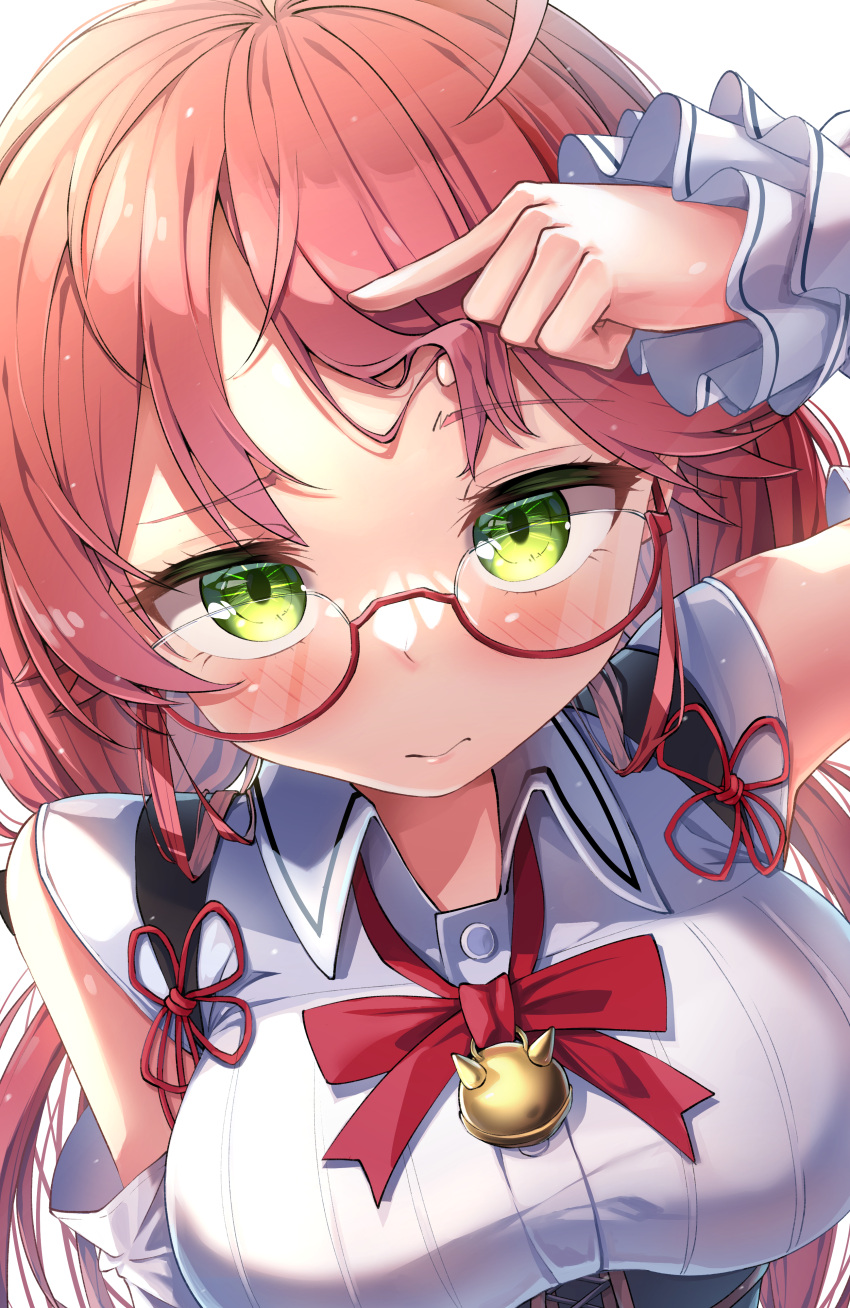 1girl absurdres bell bespectacled blush breasts close-up closed_mouth collared_shirt commentary detached_sleeves frilled_sleeves frills glasses gradient_eyes green_eyes hand_on_own_head highres hololive jingle_bell large_breasts long_hair looking_at_viewer maeru multicolored_eyes neck_ribbon open_collar pink_hair red-framed_eyewear red_ribbon ribbon sakura_miko semi-rimless_eyewear shirt solo symbol-only_commentary under-rim_eyewear upper_body virtual_youtuber white_background white_shirt