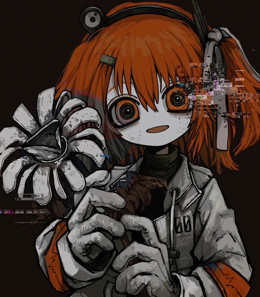 1girl a.i._voice adachi_rei android artificial_eye black_background black_shirt camera_lens commentary dirty dirty_face flower glitch gloves hair_between_eyes hair_ornament hair_ribbon hairclip head_tilt headlamp highres holding holding_flower jacket long_sleeves looking_at_viewer mechanical_eye medium_hair open_clothes open_jacket open_mouth orange_eyes orange_hair oshio_(shioqqq) pale_skin radio_antenna raised_eyebrows ribbon shirt side_ponytail smile solo sound_wave turtleneck upper_body utau white_gloves white_jacket white_ribbon