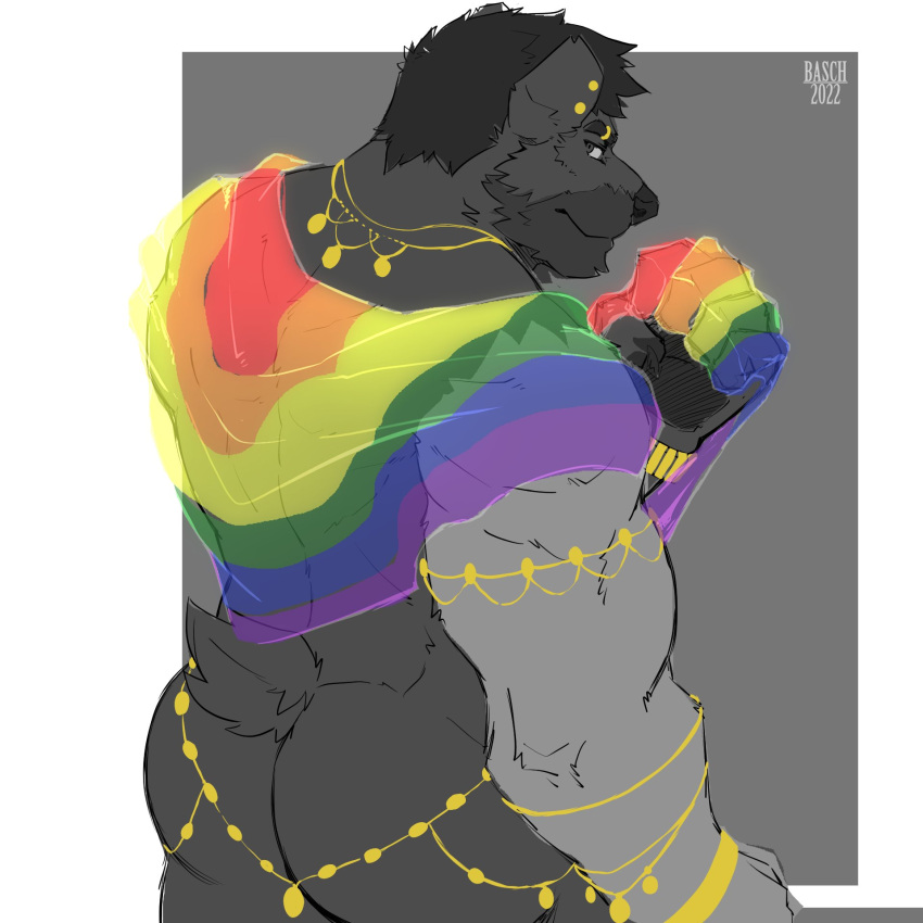 1:1 2022 anthro armband barazoku basch bear big_butt big_muscles border bracelet butt ear_piercing eyebrow_piercing eyebrow_ring eyebrows facial_piercing fist flag fur gold_(metal) grey_background hair hi_res huge_muscles jewelry lgbt_pride looking_back male mammal muscular muscular_anthro muscular_male necklace nude pander_(lostpander) piercing pride_colors rainbow_flag rainbow_pride_colors rainbow_pride_flag rainbow_symbol rear_view ring_piercing signature simple_background six-stripe_rainbow_pride_colors smile solo standing thick_thighs tuft white_border