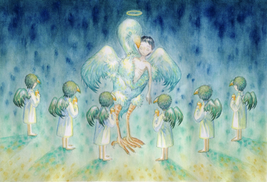 6+others ambiguous_gender barefoot bird black_hair black_wings candle closed_eyes dress from_behind halo holding holding_candle long_sleeves multiple_others original shadow shanyeyuri short_hair standing white_dress wide_shot wings