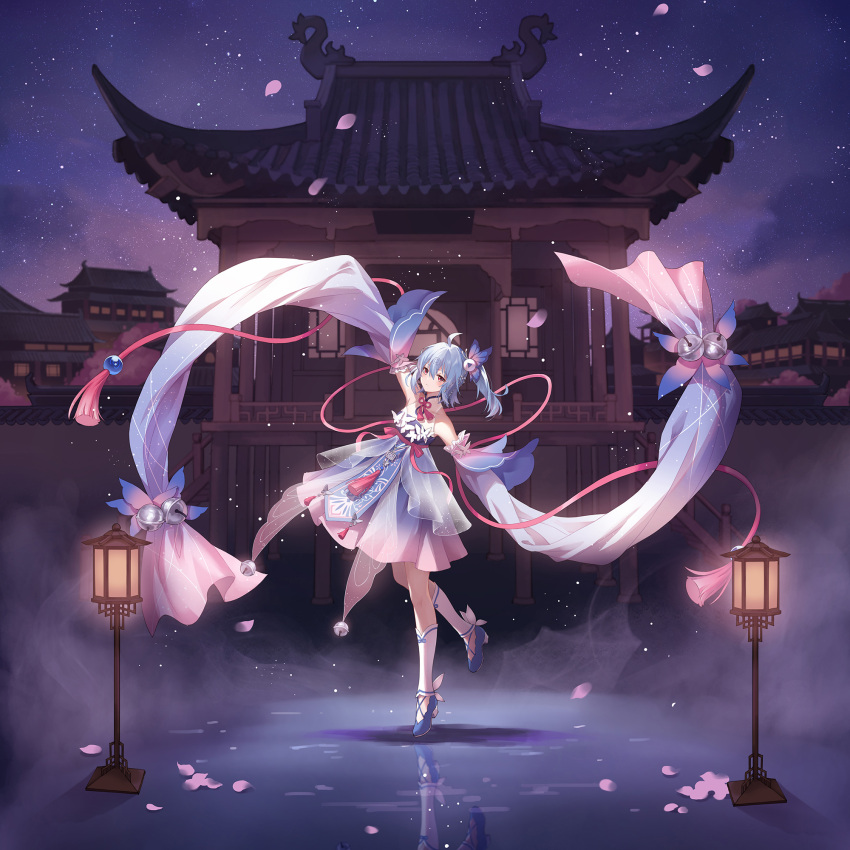 1girl ahoge architecture arm_up bell bili_girl_22 bili_girl_33 bilibili blue_dress blue_hair boots carminar chinese_clothes detached_sleeves dress east_asian_architecture highres lantern long_hair looking_at_viewer night night_sky outdoors sky solo standing standing_on_one_leg star_(sky) starry_sky very_long_hair white_footwear wide_sleeves yellow_eyes