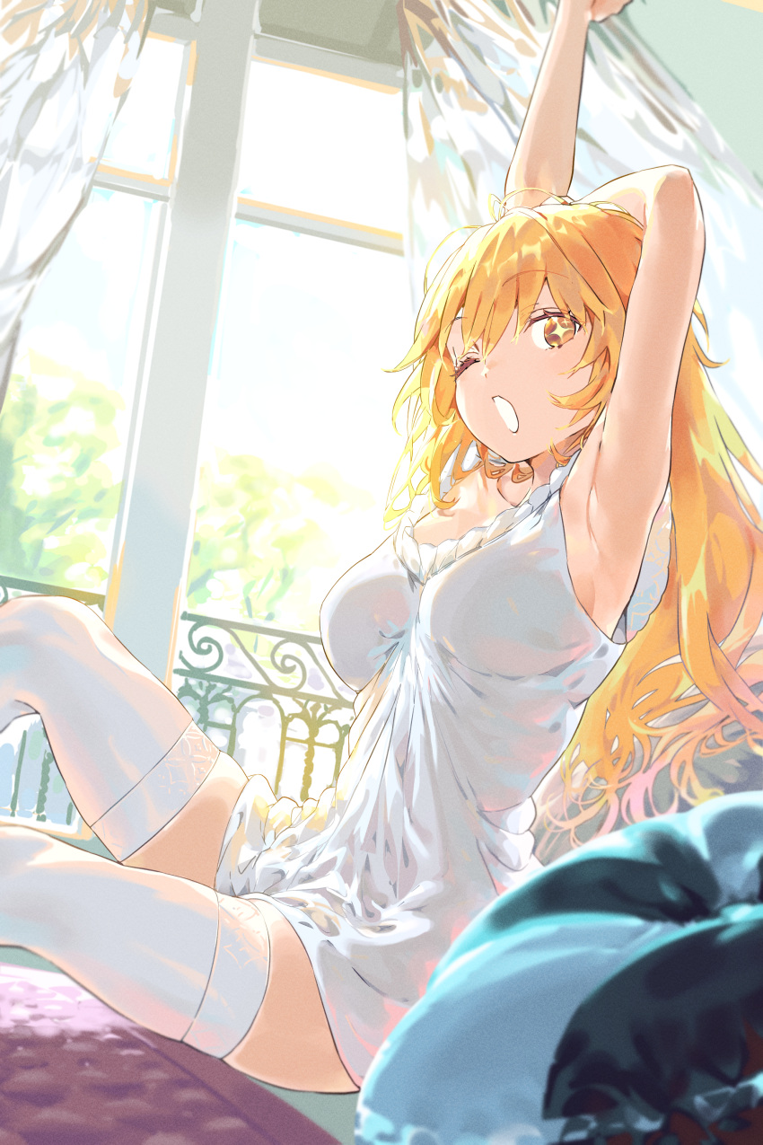 1girl absurdres armpits arms_up bangs blonde_hair breasts bright_pupils brown_eyes commentary curtains cushion haimura_kiyotaka highres large_breasts long_hair looking_at_viewer nightgown on_bed one_eye_closed open_mouth orange_eyes pillow shokuhou_misaki sitting sleepwear sparkling_eyes star-shaped_pupils star_(symbol) stretching symbol-shaped_pupils thighhighs toaru_kagaku_no_mental_out toaru_kagaku_no_railgun toaru_majutsu_no_index white_nightgown white_thighhighs window yawning yellow_pupils