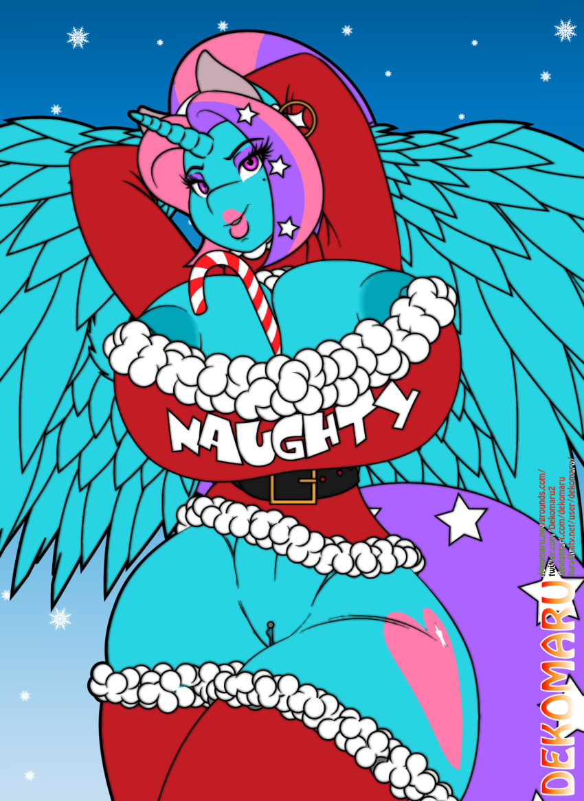alternate_version_at_source areola areola_slip candy candy_cane clothing costume cutie_mark dekomaru dessert ear_piercing ear_ring equid equine feathered_wings feathers food genitals hands_behind_head hasbro hi_res horn legwear mammal my_little_pony piercing pussy ring_piercing santa_costume teal_body thigh_highs vanilla_(dekomaru) winged_unicorn wings