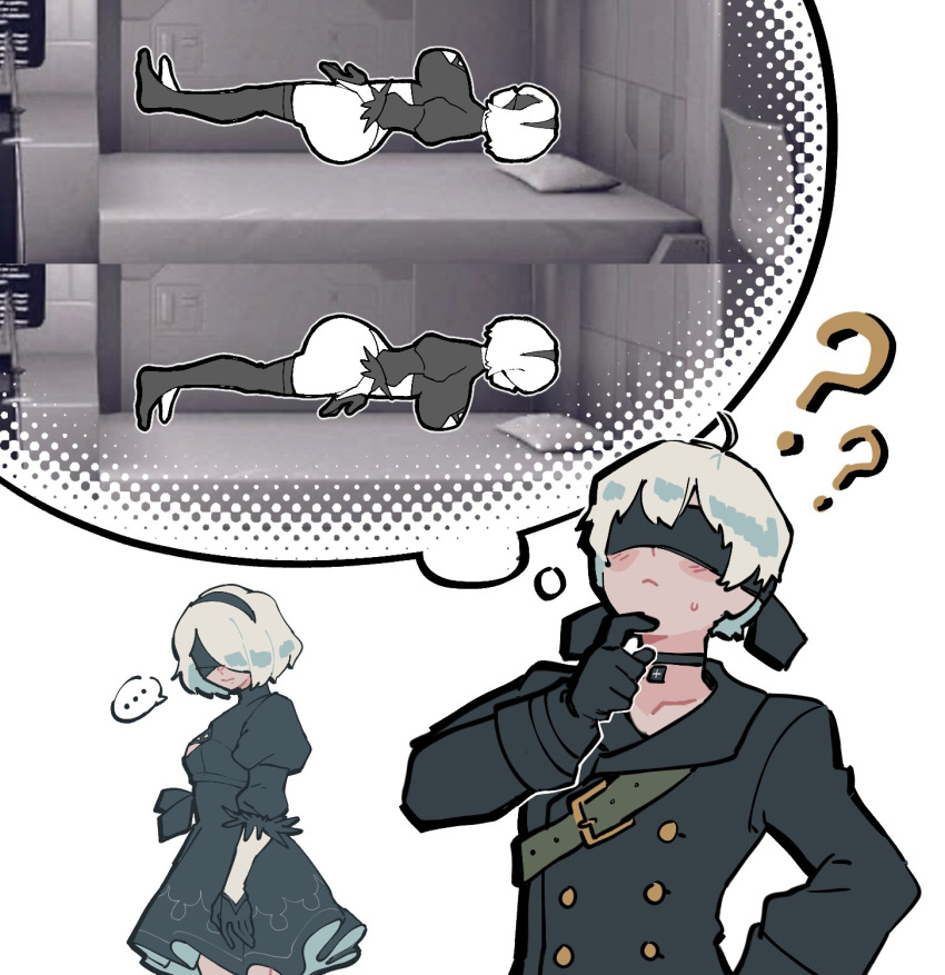 1boy 1girl ahoge ass barley_juice black_blindfold black_choker black_dress black_gloves black_jacket blindfold breasts buttons choker commentary covered_eyes double-breasted dress english_commentary feather-trimmed_sleeves gloves highres huge_ass huge_breasts imagining jacket long_sleeves nier_(series) nier_automata short_hair simple_background thinking upper_body white_background white_hair yorha_no._2_type_b yorha_no._9_type_s