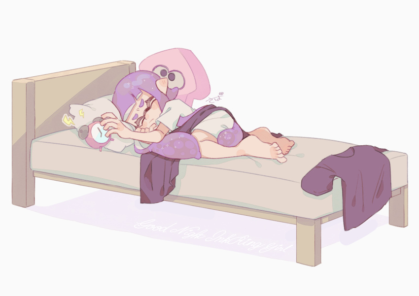 1girl absurdres alarm_clock bangs bed blanket blunt_bangs blush clock closed_eyes closed_mouth commentary_request full_body highres holding inkling inkling_girl long_hair lying mikoshiba_m on_bed on_side pillow pointy_ears purple_hair purple_shirt raised_eyebrows shirt shirt_removed short_eyebrows short_sleeves sidelocks signature simple_background sleeping solo splatoon_(series) squid t-shirt tentacle_hair thick_eyebrows white_background white_shirt