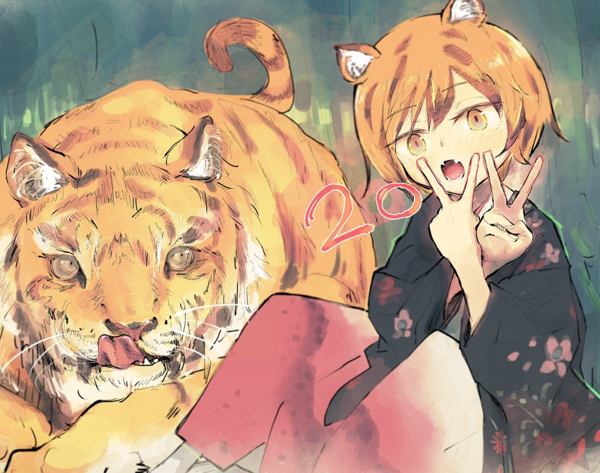 1girl 2022 animal animal_ears black_hair black_kimono blush chinese_zodiac double_v fangs floral_print japanese_clothes kimono long_sleeves looking_at_viewer multicolored_hair open_mouth orange_eyes orange_hair original short_hair tiger tiger_girl tongue v whiskers wide_sleeves yasushi year_of_the_tiger