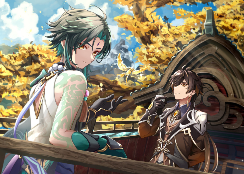 1other 2boys ahoge antenna_hair arm_tattoo back bangs bare_shoulders black_gloves black_hair blue_gloves blue_hair blue_sky branch bridge brown_hair brown_jacket brown_vest buttons closed_mouth cloud cloudy_sky collared_jacket collared_shirt commentary_request crystal crystalfly_(genshin_impact) cup day detached_sleeves earrings eyeshadow flying formal from_behind genshin_impact gloves gradient_hair grey_shirt hair_between_eyes hand_up hands_up highres holding holding_cup house jacket jewelry long_hair long_sleeves looking_at_viewer looking_back looking_up makeup mon-chan mountain multicolored_hair multiple_boys necklace open_clothes open_jacket orange_eyes outdoors pearl_necklace ponytail red_eyeshadow shirt short_hair sidelocks single_detached_sleeve single_earring sky sleeveless sleeveless_shirt smile sparkle standing steam suit tassel tassel_earrings tattoo teeth tree two-tone_hair vest vision_(genshin_impact) white_shirt wide_sleeves window wing_collar wings xiao_(genshin_impact) yellow_eyes zhongli_(genshin_impact)