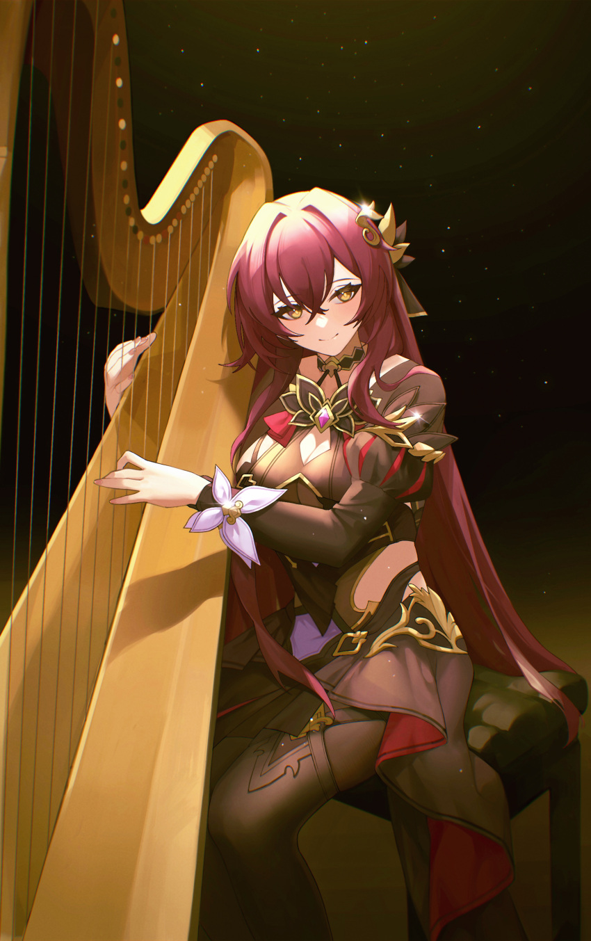 1girl absurdres black_background black_pantyhose black_shirt blush breasts cleavage eden_(honkai_impact) feet_out_of_frame hair_ornament harp highres honkai_(series) honkai_impact_3rd instrument large_breasts long_sleeves looking_at_viewer music pantyhose playing_instrument red_hair shirt simple_background sitting smile stool tutou_jiang yellow_eyes
