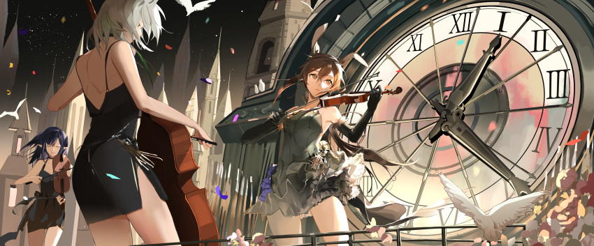 3girls absurdres amiya_(arknights) animal_ears arknights backless_dress backless_outfit bird black_dress black_gloves black_hair brown_eyes brown_hair cello chinese_commentary clock closed_eyes closed_mouth closure_(arknights) commentary_request confetti cowboy_shot dress elbow_gloves floating_hair flower fur-trimmed_gloves fur_trim gloves grey_hair hair_between_eyes highres holding holding_bow_(music) holding_instrument instrument jewelry kal'tsit_(arknights) lengquan_dachu long_hair medium_hair multiple_girls multiple_rings music pink_flower playing_instrument pointy_ears ponytail rabbit_ears ring sleeveless sleeveless_dress smile spaghetti_strap tower violin