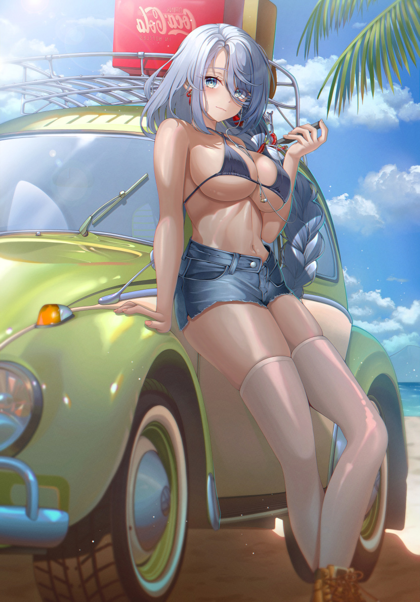 1girl alternate_costume arm_support bare_arms bare_shoulders bikini bikini_top_only black_bikini blue_eyes blue_shorts boots braid breasts car cleavage criss-cross_halter cutoffs day denim denim_shorts earphones earrings genshin_impact ground_vehicle halterneck highres holding holding_phone jewelry large_breasts long_hair looking_at_viewer motor_vehicle navel outdoors phone shenhe_(genshin_impact) short_shorts shorts single_braid skindentation solo ssong2 standing stomach string_bikini swimsuit thighhighs thighs very_long_hair volkswagen volkswagen_beetle white_hair white_thighhighs