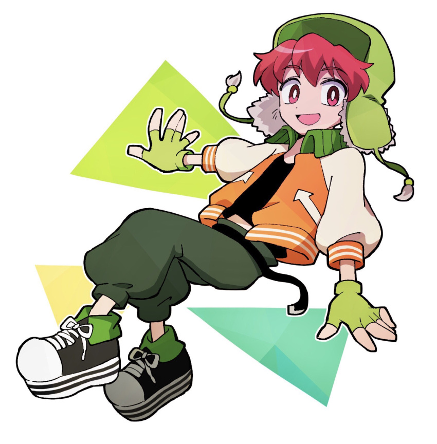 1boy animification black_shirt fingerless_gloves gloves green_headwear highres jacket kxh-hxk kyle_broflovski looking_at_viewer male_child male_focus midriff_peek open_clothes open_jacket open_mouth red_hair shirt shoelaces shoes smile solo south_park