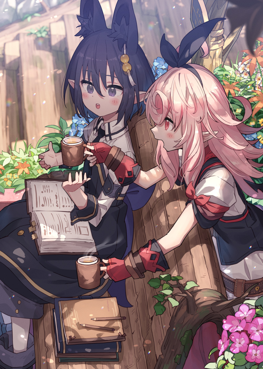 2girls :o animal_ears bench black_dress black_footwear black_hair black_vest blush book boots cup dress extra_ears feet_out_of_frame fingerless_gloves gloves hair_ornament hairband highres holding holding_cup mug multiple_girls narumi_arata open_book original pink_hair pointy_ears purple_eyes red_gloves shirt sitting stairs standing teeth upper_teeth_only vest white_shirt