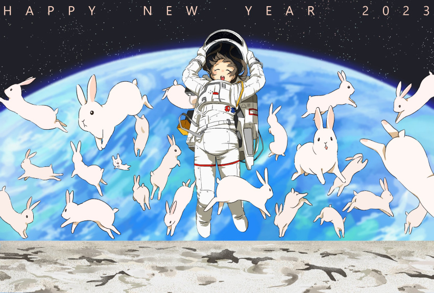 1girl 2023 animal astronaut backpack bag belt closed_eyes earth_(planet) full_body happy_new_year highres jumping moon moon_rabbit open_mouth original planet rabbit shiki_haru sky space space_helmet spacesuit star_(sky) starry_sky strap