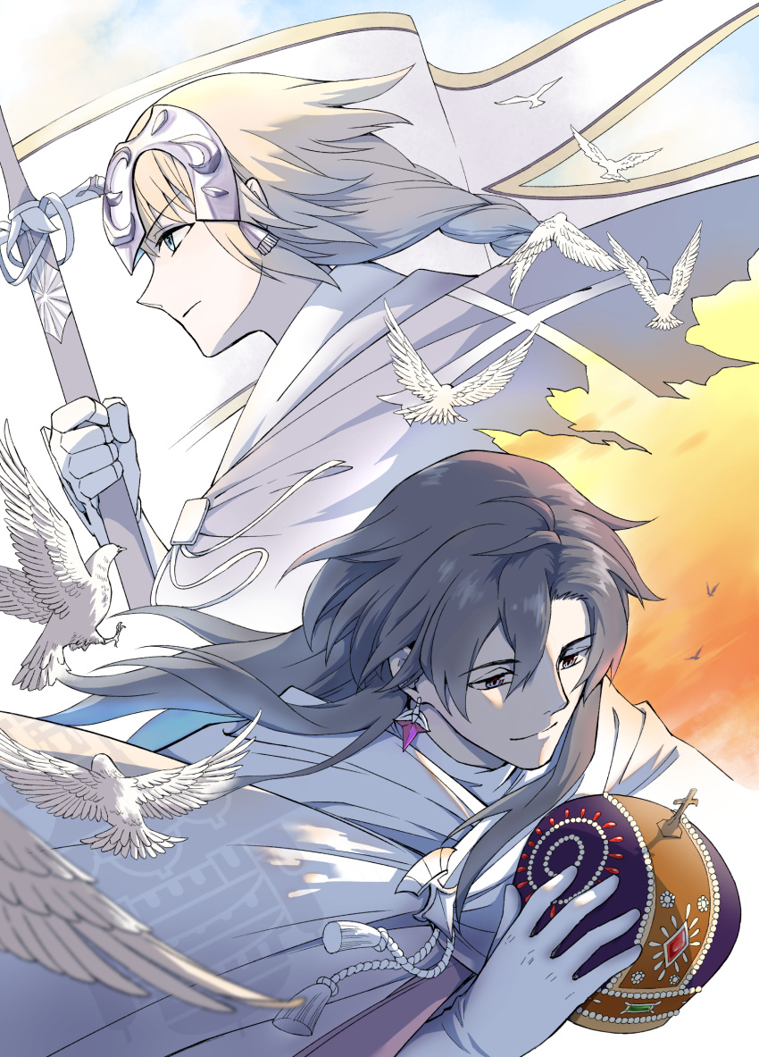 1boy 1girl bird black_hair blonde_hair blue_eyes blurry braid cloak closed_mouth constantine_xi_(fate) cropped_torso cross crown crown_removed day depth_of_field dove earrings fate/grand_order fate_(series) flag from_side gauntlets gloves grey_cloak grey_eyes hair_between_eyes headpiece highres holding holding_crown holding_sword holding_weapon jeanne_d'arc_(fate) jewelry long_hair looking_ahead looking_at_object miyuyoko profile serious sheath sheathed single_braid smile sunset sword tassel torn_cloak torn_clothes upper_body weapon white_cloak white_gloves