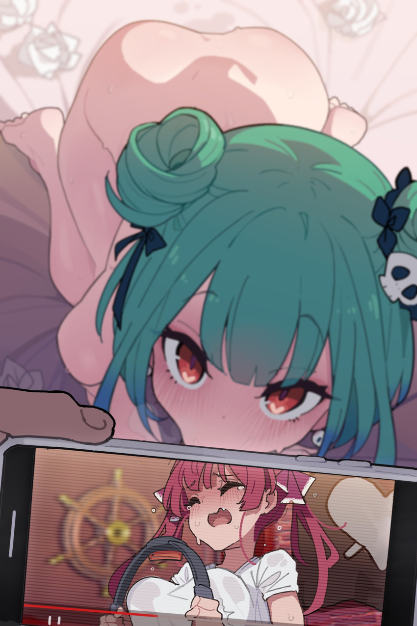 1boy 1girl :&gt;= ass bangs blush bottomless breasts cellphone closed_eyes double_bun earrings fellatio green_hair hair_bun hair_ornament hair_ribbon hetero highres hololive houshou_marine jewelry kakure_eria kneeling large_breasts looking_at_phone looking_at_viewer looking_up nude open_mouth oral phone pov recording red_eyes ribbon short_hair sidelocks skull_hair_ornament solo_focus sweat thighs uncensored uruha_rushia used_tissue virtual_youtuber youtube