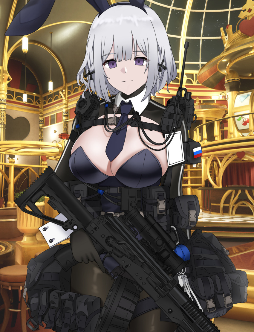 1girl absurdres ammunition_pouch animal_ears black_pantyhose blue_necktie breasts casino closed_mouth cuff_links defy_(girls'_frontline) detached_collar drum_magazine english_commentary fake_animal_ears girls'_frontline gloves grey_hair hair_ribbon highres holding holding_weapon large_breasts light_smile long_sleeves looking_at_viewer magazine_(weapon) msa_major necktie pantyhose pouch purple_eyes radio_antenna ribbon rpk-16 rpk-16_(girls'_frontline) russian_flag scope short_hair solo tactical_playboy_bunny tape trigger_discipline weapon