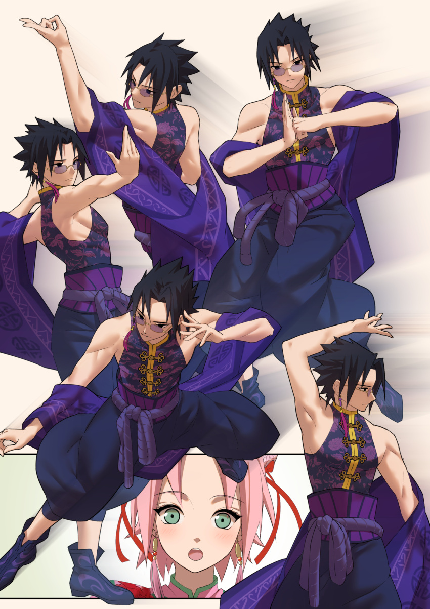 1boy 1girl absurdres black_eyes black_hair blush earrings green_eyes haruno_sakura highres jewelry lilithbloody looking_at_viewer mayu-tan_no_kung_fu muscular naruto naruto_(series) open_mouth pink_hair purple_sash rope sash shimenawa short_hair sleeveless spiked_hair stance sunglasses teeth uchiha_sasuke upper_teeth_only