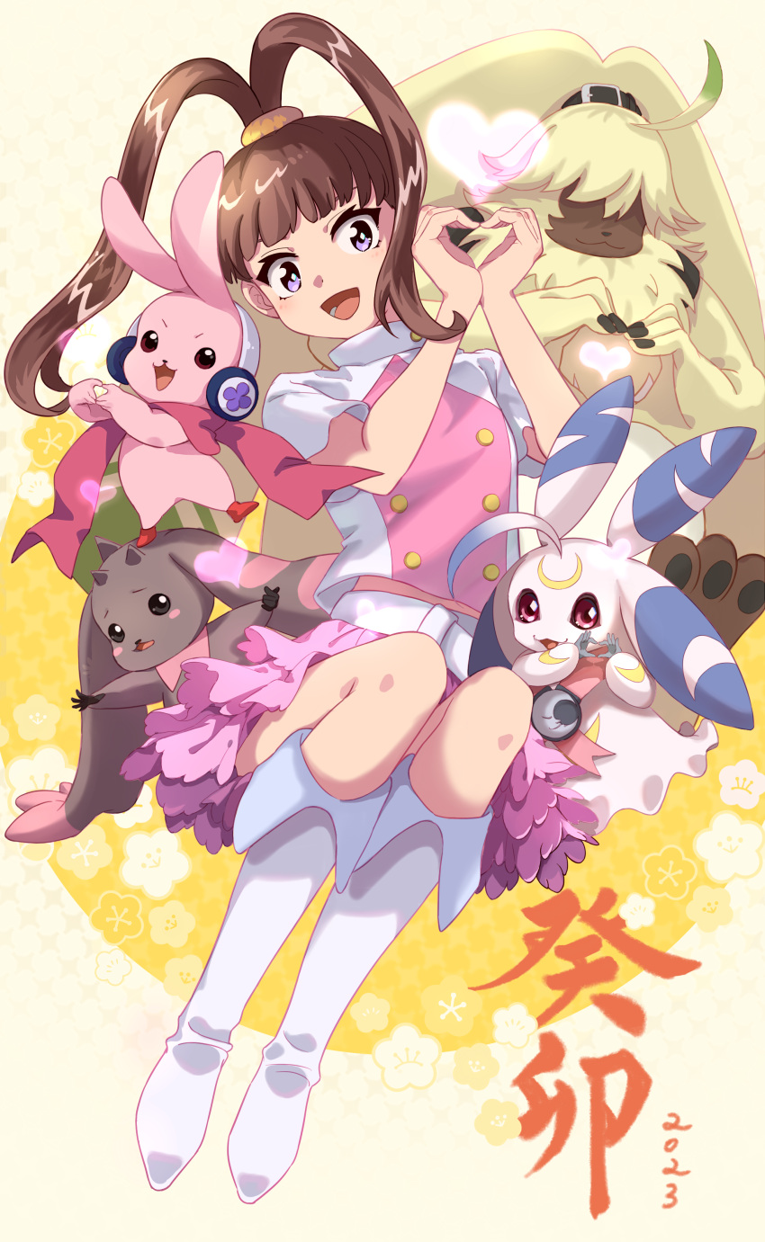 &lt;3 absurd_res angoramon anthro bandai_namco brown_hair chinese_zodiac cutemon digimon digimon_(species) female fur gesture group hair hair_over_eyes hand_heart hi_res human lagomorph leporid long_ears lopmon lunamon male mammal new_year_2023 ponytail_ears rabbit sanadamakomi year_of_the_rabbit yellow_body yellow_fur