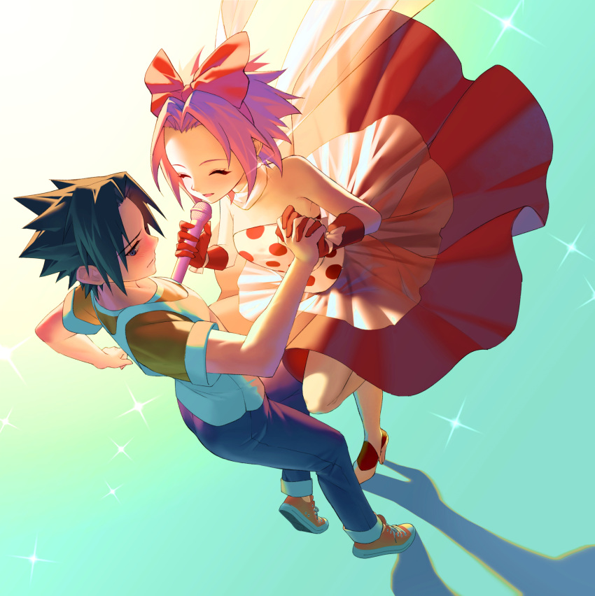 1boy 1girl aged_down blue_pants blush bow dancing dress earrings gloves hair_bow haruno_sakura high_heels highres holding holding_hands holding_microphone jewelry lilithbloody looking_at_another looking_away microphone naruto naruto_(series) open_mouth pants pink_hair red_bow red_gloves short_hair short_sleeves sleeveless sleeveless_dress smile spiked_hair strapless strapless_dress uchiha_sasuke