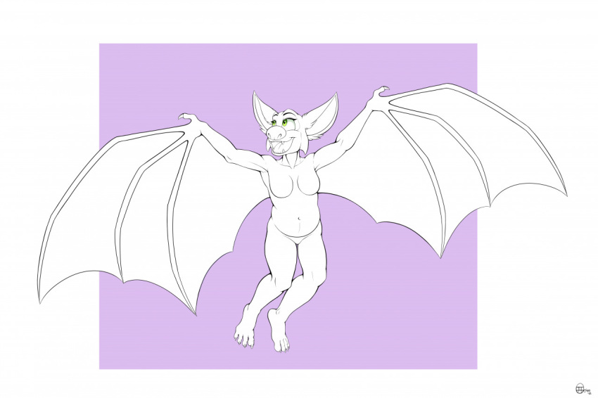 2022 anthro bat bat_wings belly breasts chubby_anthro chubby_female claws ears_up fangs featureless_breasts female flying jimfoxx laylee mammal membrane_(anatomy) membranous_wings navel nude open_mouth playtonic_games signature slightly_chubby smile solo spread_arms spread_wings teeth toe_claws tongue wide_eyed wings yooka-laylee