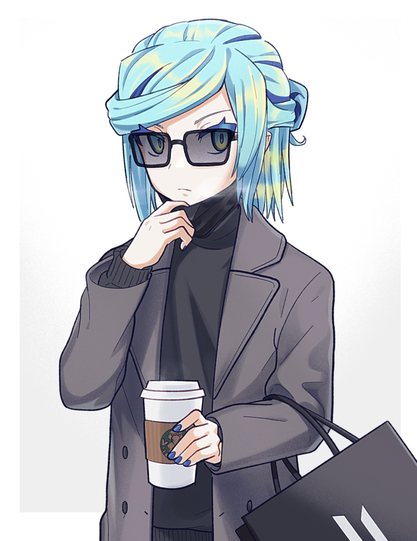 1boy alternate_costume bag bbhdrrr black-framed_eyewear blue_nails breath closed_mouth coat coffee_cup colored_eyelashes cup disposable_cup green_eyes green_hair grusha_(pokemon) hand_up highres holding holding_cup long_sleeves looking_at_viewer male_focus nail_polish open_clothes open_coat pokemon pokemon_(game) pokemon_sv shopping_bag solo sunglasses sweater turtleneck turtleneck_sweater upper_body