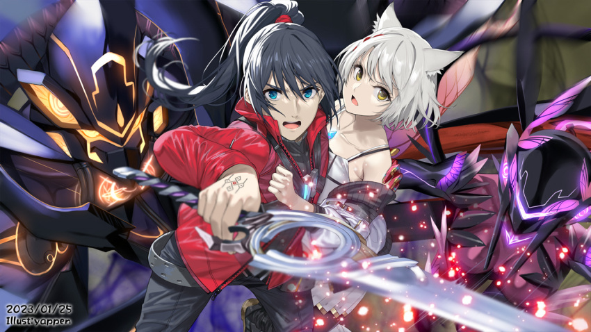 1boy 1girl animal_ears arm_around_shoulder black_hair blue_eyes camisole cat_ears chest_jewel grey_hair jacket looking_at_viewer lucky_seven_(xenoblade) mio_(xenoblade) noah_(xenoblade) off_shoulder open_mouth ouroboros_(xenoblade) ponytail sword weapon white_camisole xenoblade_chronicles_(series) xenoblade_chronicles_3 yappen yellow_eyes