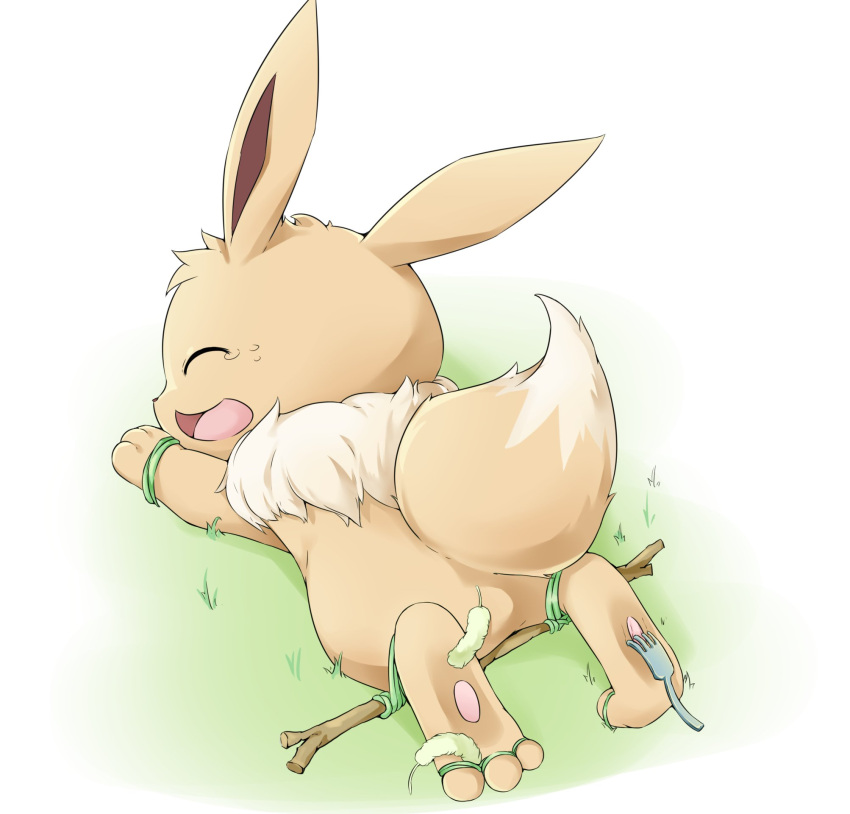 2019 3_fingers 3_toes ambiguous_gender big_ears bodily_fluids brown_body brown_fur chinese_description crying_laughing cutlery dark_inner_ear digital_drawing_(artwork) digital_media_(artwork) eevee emolga_1 featureless_crotch feet feral fingers fork fur generation_1_pokemon grass head_tuft hi_res kitchen_utensils laugh lying neck_tuft nintendo on_front open_mouth pawpads plant pokemon pokemon_(species) rear_view restrained_arms restrained_legs short_legs smile solo spread_legs spreading tail tears teary_eyes text thick_tail three-quarter_view tickling tickling_feet tickling_paws toes tongue tools translation_request tuft unseen_character vine_bondage