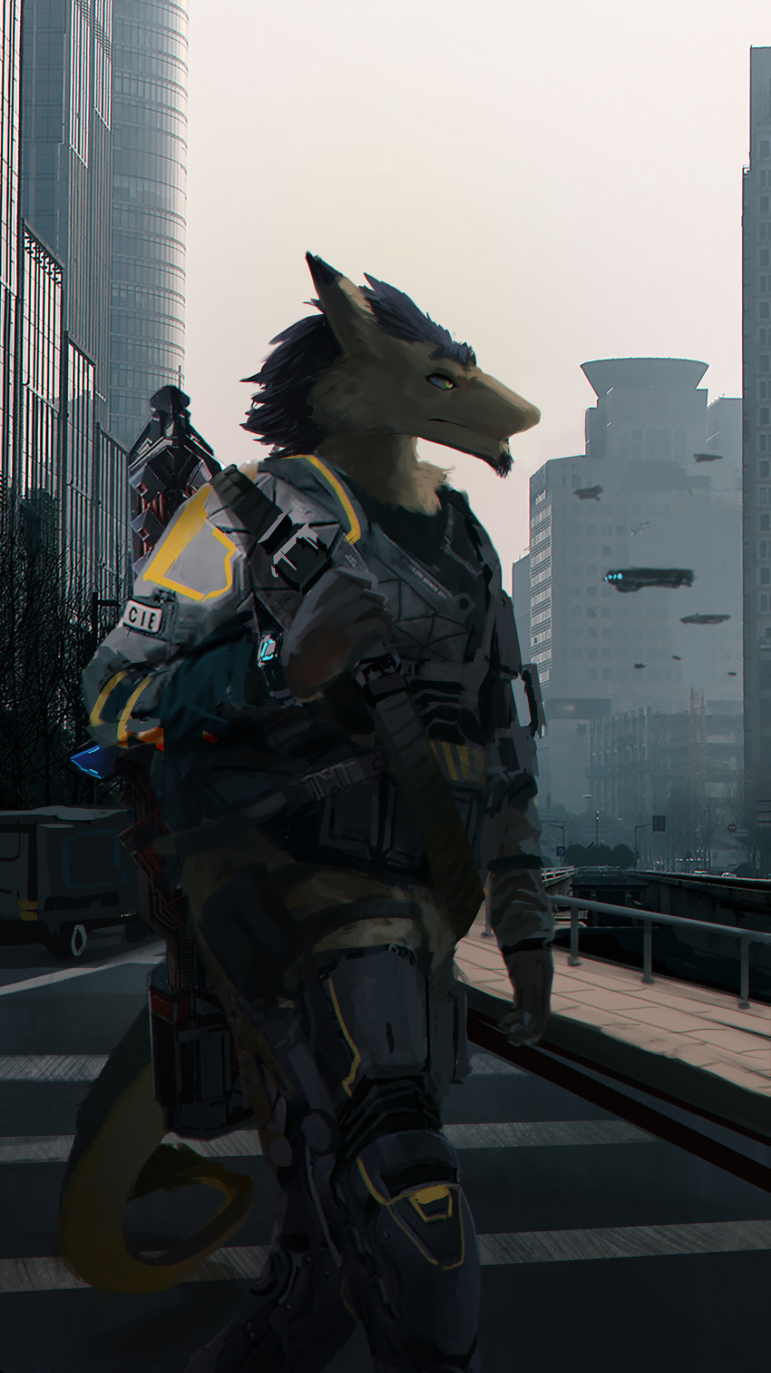 absurd_res aidelank anthro averious city destiny_(video_game) destiny_2 fur futuristic futuristic_armor futuristic_city futuristic_clothing futuristic_gun futuristic_theme grey_hair hair hi_res male mick39 outbreak_prime sergal tah'ihl tan_body tan_fur yellow_eyes