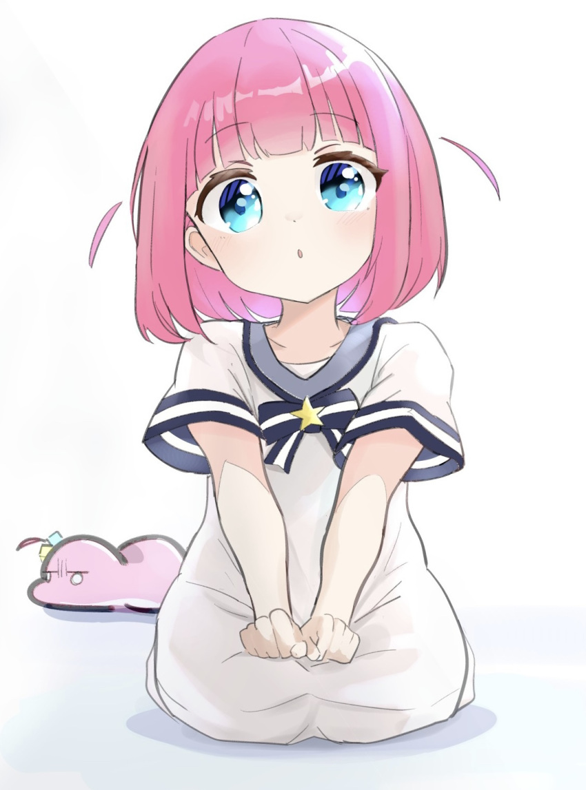 1girl bangs blue_bow blue_bowtie blue_eyes bob_cut bocchi_the_rock! bow bowtie commentary dot_nose dress ein female_child gotou_futari grey_sailor_collar hands_on_own_thighs highres light_blush looking_at_viewer open_mouth pink_hair sailor_collar sailor_dress seiza short_hair short_sleeves side_ahoge sitting solo star_ornament white_background white_dress