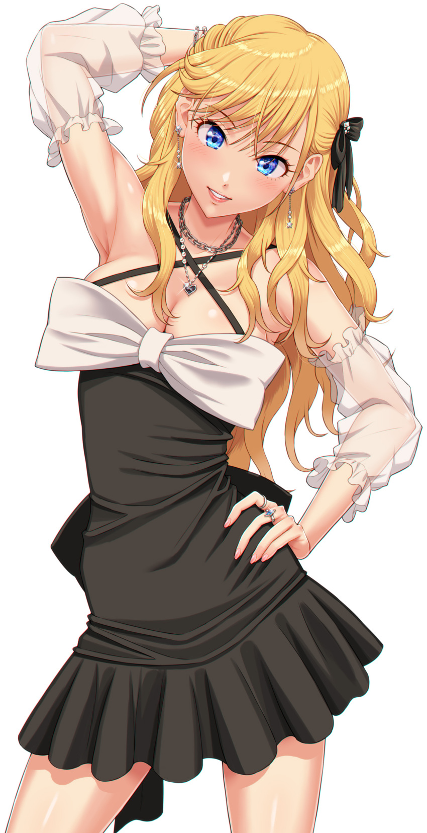 1girl absurdres bare_shoulders blonde_hair blue_eyes breasts cleavage collarbone contrapposto cowboy_shot criss-cross_halter detached_sleeves dress glint grin halter_dress halterneck hand_on_own_head highres idolmaster idolmaster_cinderella_girls idolmaster_cinderella_girls_starlight_stage jewelry light_blush long_hair looking_at_viewer medium_breasts necklace nigou ohtsuki_yui see-through see-through_sleeves shirt sidelocks simple_background smile wavy_hair white_shirt