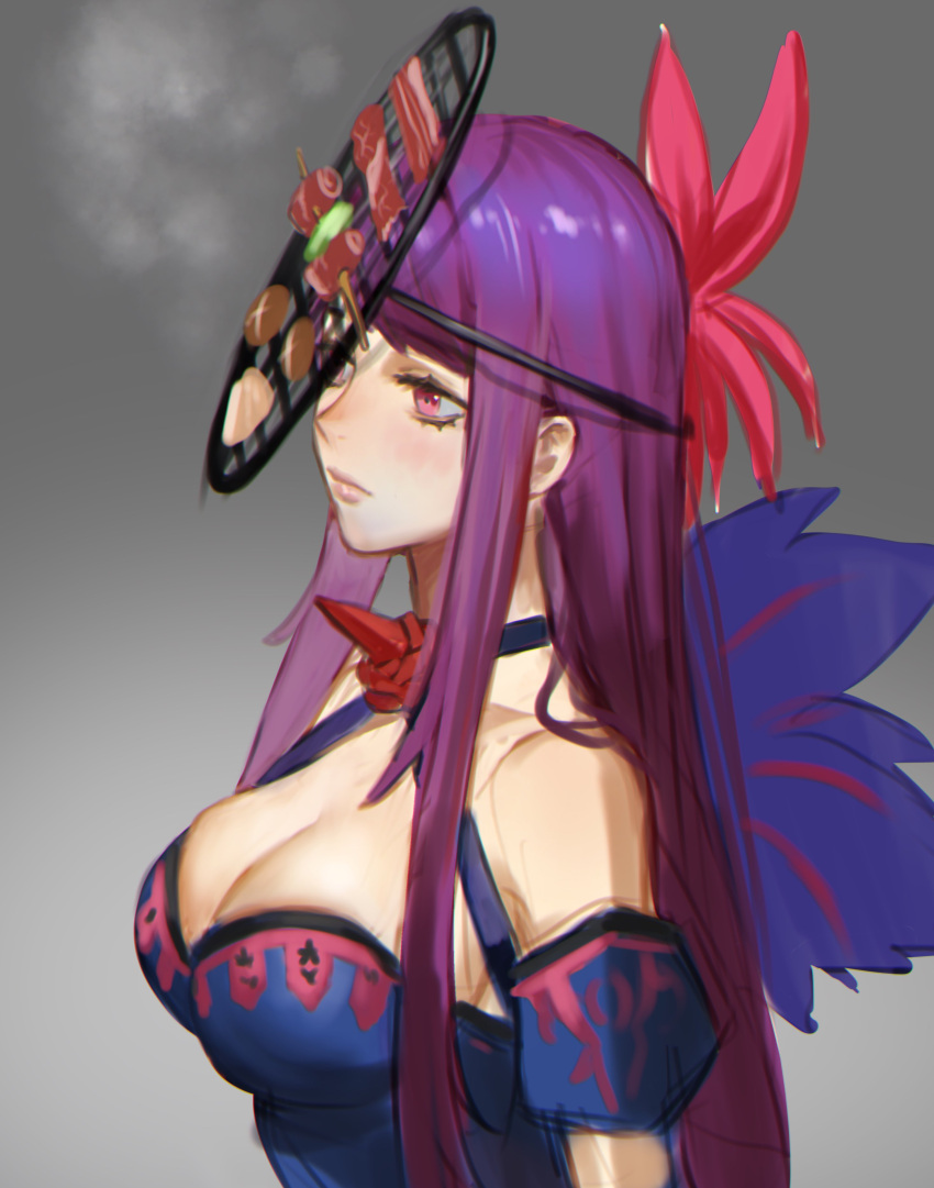 1girl absurdres bangs bare_shoulders breasts cleavage cooking dress fire_emblem fire_emblem_engage flower food grilling highres ivy_(fire_emblem) jewelry kokutan_kitsunen large_breasts long_hair mask meat meme purple_eyes purple_hair rose sidelocks solo