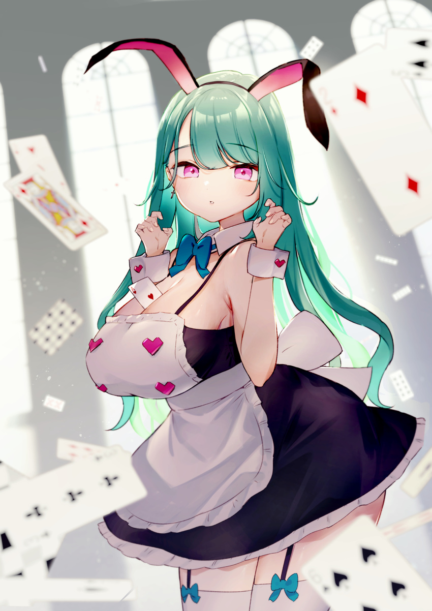 1girl animal_ears apron between_breasts black_skirt blue_bow blue_bowtie blurry blurry_background bow bowtie breasts card card_between_breasts cleavage commentary_request detached_collar fake_animal_ears garter_straps green_hair hands_up highres large_breasts long_hair looking_at_viewer miya9 original pink_eyes rabbit_ears skirt solo thighhighs thighs white_apron white_thighhighs