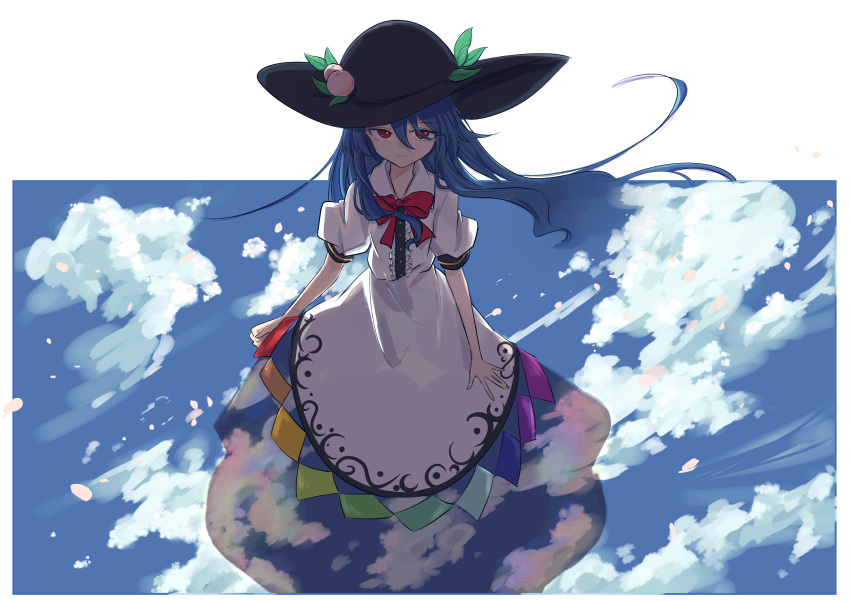 1girl absurdres black_headwear blue_hair blue_skirt blue_sky bow center_frills closed_mouth cloud cloudy_sky dress food frills fruit hair_between_eyes hat highres hinanawi_tenshi leaf long_hair looking_at_viewer outdoors peach puffy_short_sleeves puffy_sleeves rainbow_order red_bow red_eyes short_sleeves skirt sky smile solo touhou uzumibi