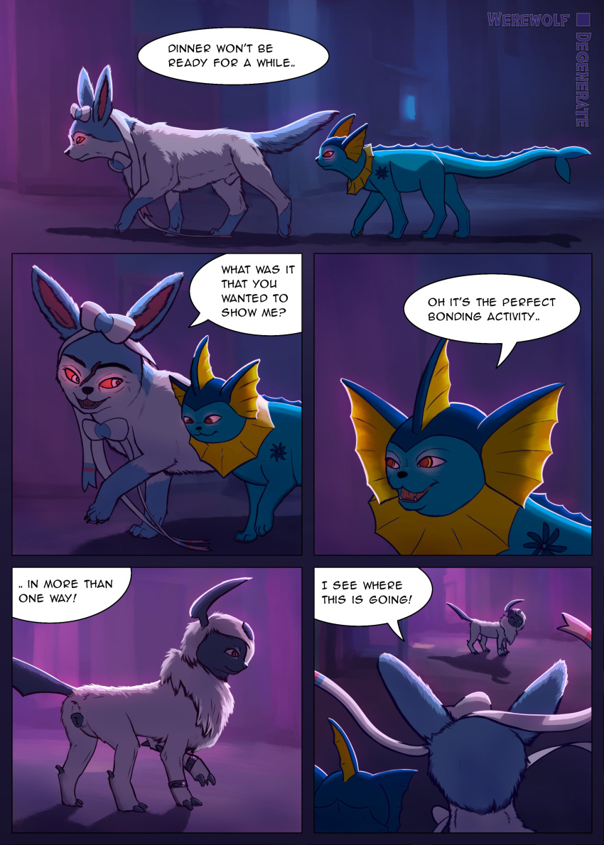 absol absurd_res alley ambiguous_gender animal_genitalia animal_penis animal_pussy anus butt canine_genitalia canine_pussy claws colored comic dialogue digital_media_(artwork) duo eeveelution english_text female feral fur generation_1_pokemon generation_3_pokemon generation_6_pokemon genitals hi_res joseph_von_carstein male male/female mammal nintendo open_mouth outside penis pokemon pokemon_(species) pussy qingdao_(qingdao243) sheath smile speech_bubble story sylveon text urban vampire vaporeon werewolfdegenerate