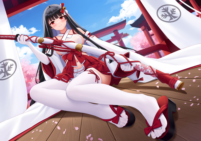 absurdres allenes bangs black_hair breasts colored_inner_hair detached_sleeves dutch_angle elbow_gloves gloves hair_ornament highres japanese_clothes large_breasts miko multicolored_hair original pleated_skirt red_eyes sideboob sitting skirt sword thighhighs torii two-tone_hair weapon white_gloves white_hair white_skirt white_thighhighs