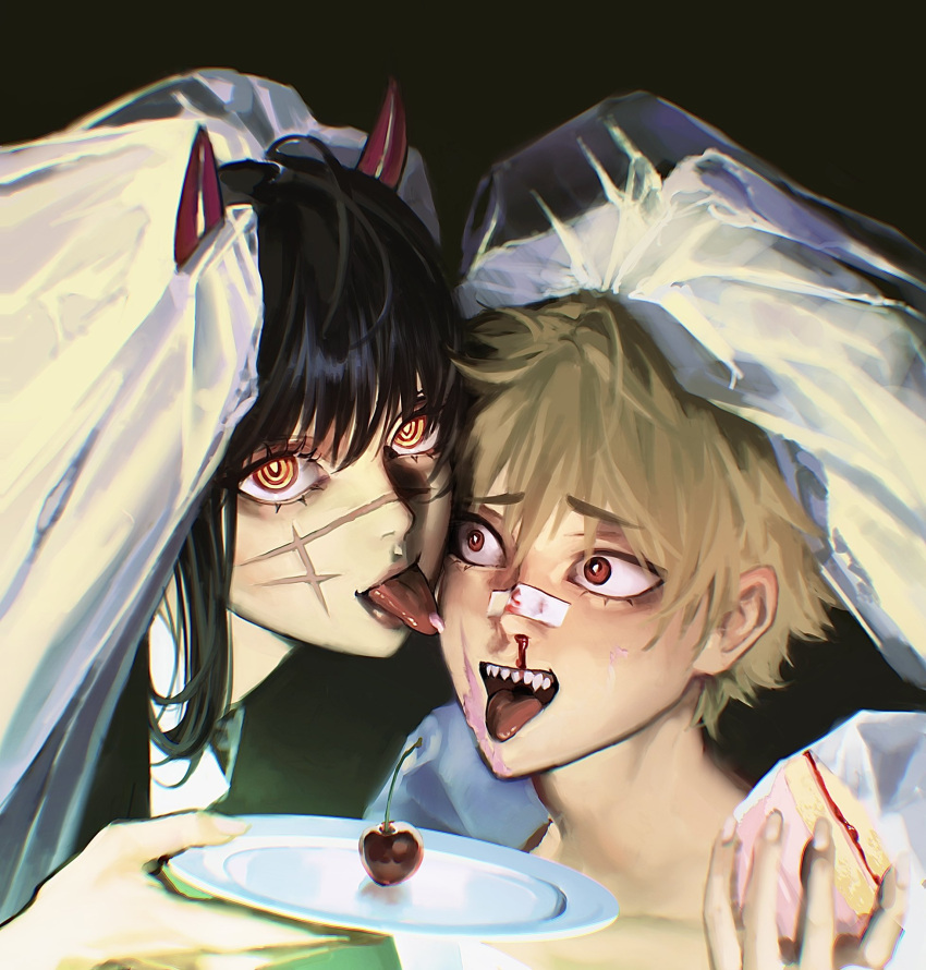 1boy 1girl bangs black_background black_hair blood bridal_veil cake chainsaw_man cherry colored_eyelashes demon_horns denji_(chainsaw_man) food fruit hair_between_eyes highres holding holding_cake holding_food holding_plate horns licking licking_another's_face long_hair looking_at_viewer nosebleed phoneafrog plate ringed_eyes scar scar_on_cheek scar_on_face sharp_teeth short_hair teeth tongue tongue_out veil yellow_eyes yoru_(chainsaw_man)