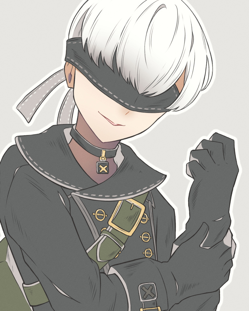 1boy android black_blindfold black_choker black_gloves black_jacket blindfold choker gloves grey_background highres jacket nier_(series) nier_automata outline short_hair smile solo taku_hanamiyap upper_body white_hair white_outline yorha_no._9_type_s