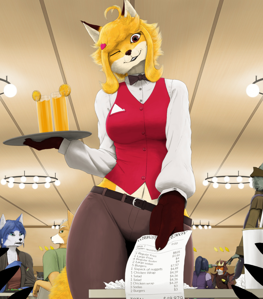 2023 accessory anthro background_character belt beverage biped bottomwear bow_tie breasts brown_eyes cafe canid canine clothing curvaceous curvy_figure digital_drawing_(artwork) digital_media_(artwork) english_text female female_focus first_person_view food fox fox_mccloud fruit fur group hair hair_accessory hairclip hi_res holding_tray inside jasmin_(jasminthemanticore) krystal looking_at_viewer mammal mikelocesterlanders navel nintendo one_eye_closed orange_body orange_fur orange_hair orange_juice pants plant purchase_bill red_clothing red_topwear solo_focus star_fox text topwear voluptuous waiter waitress_uniform wink winking_at_viewer