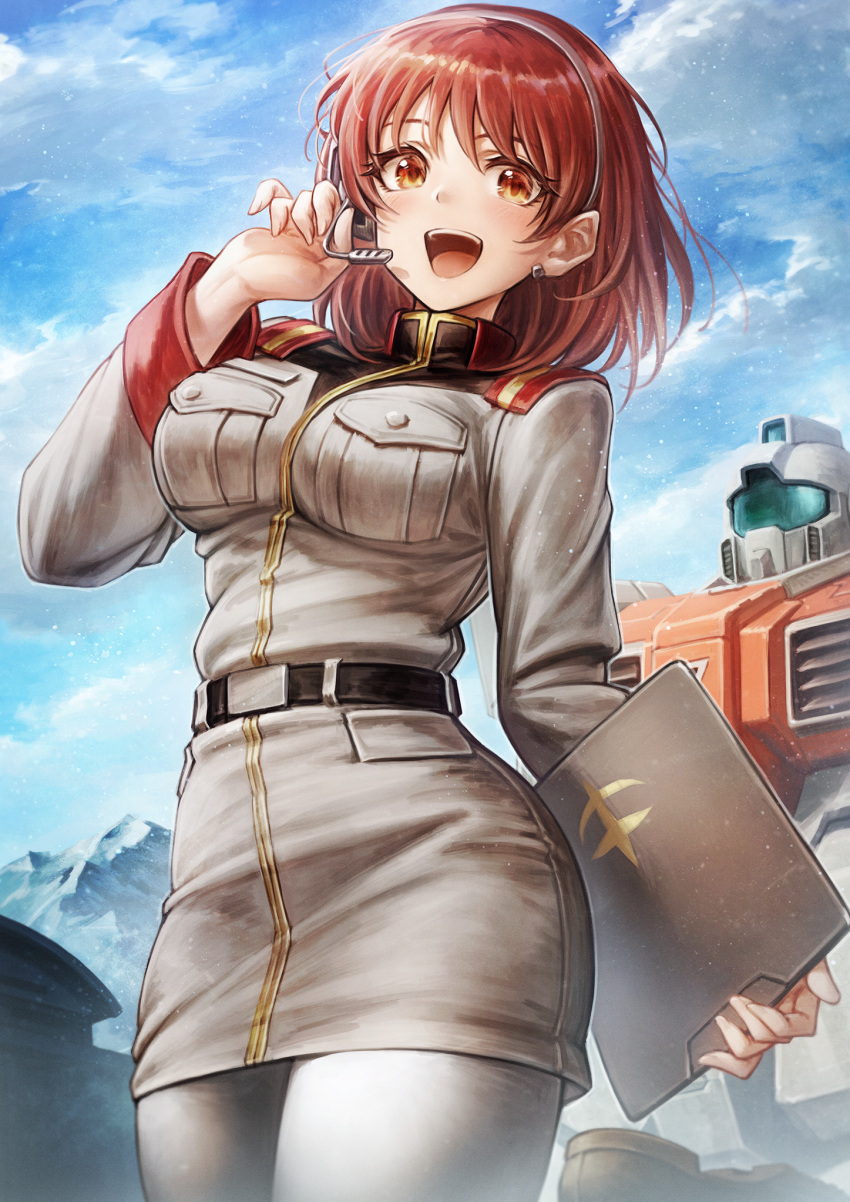 1girl brown_eyes brown_hair building clipboard commission earpiece earrings earth_federation ground_gm gundam gundam_lost_war_chronicles hangar headset highres jewelry mecha medium_hair military military_uniform mountain noel_anderson outdoors oyu_udon robot skeb_commission uniform