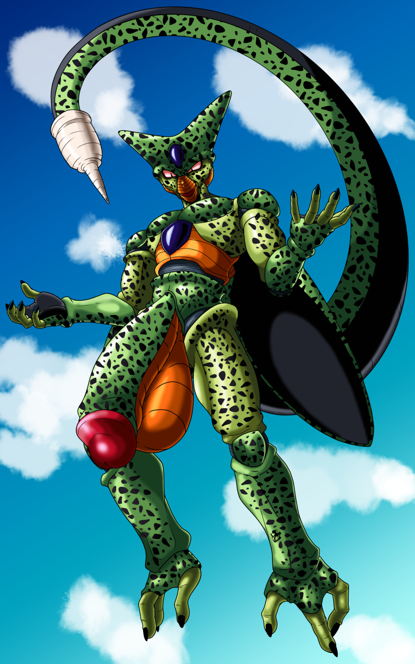 absurd_res alien anthro arthropod athletic balls big_balls big_penis cell_(dragon_ball) circumcised claws colored dragon_ball dragon_ball_z exoskeleton gem genitals hand_feet hi_res huge_balls huge_penis hyper hyper_balls hyper_genitalia hyper_penis male penis simple_background solo spiked_tail spikes spikes_(anatomy) tanithjackal wings