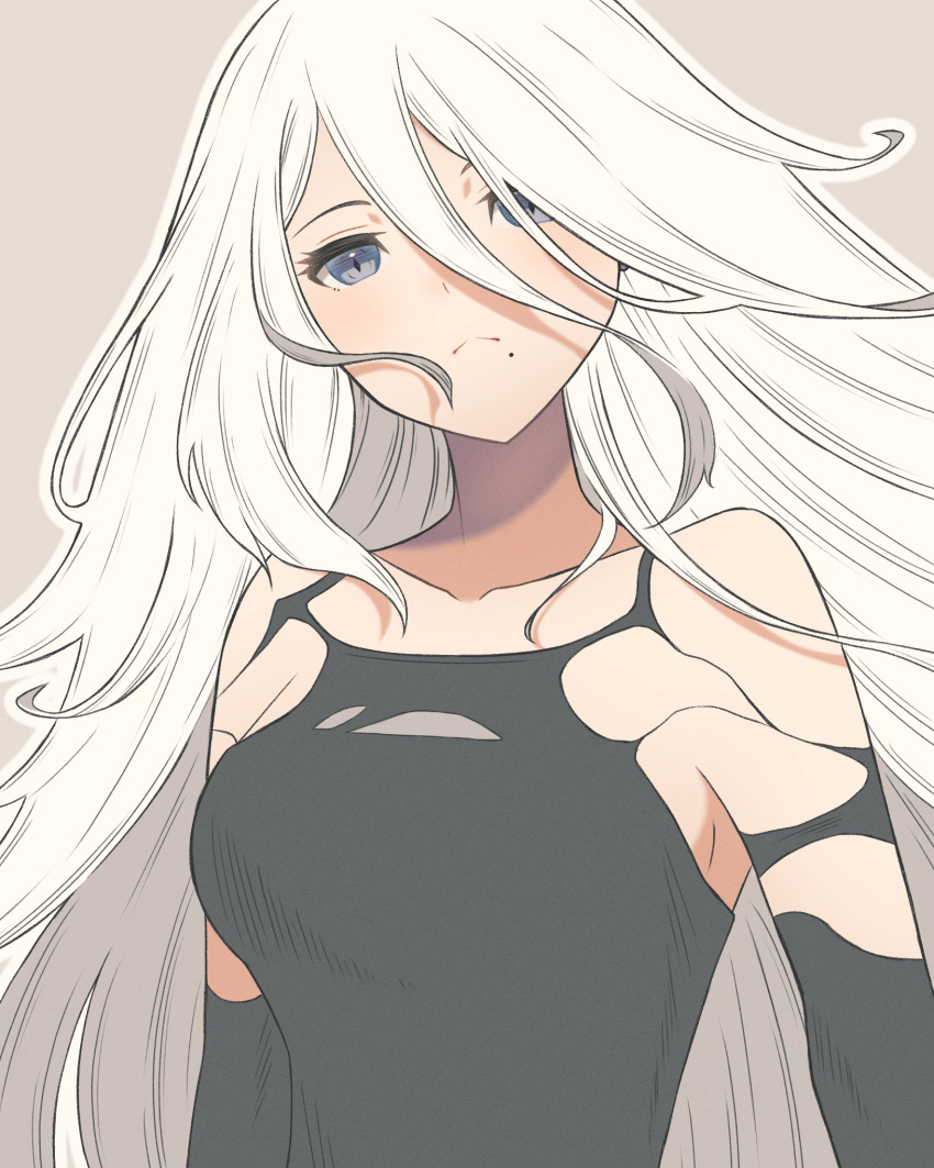 1girl android blue_eyes expressionless grey_background hair_between_eyes hair_over_one_eye highres long_hair mole mole_under_mouth nier_(series) nier_automata outline solo taku_hanamiyap tank_top upper_body white_hair white_outline yorha_type_a_no._2