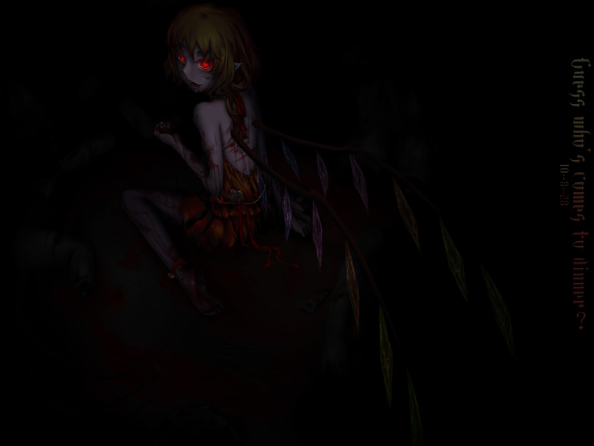 absurdres barefoot blonde_hair blood dark fangs flandre_scarlet glowing glowing_eyes goocn guro highres looking_back red_eyes short_hair solo touhou wings