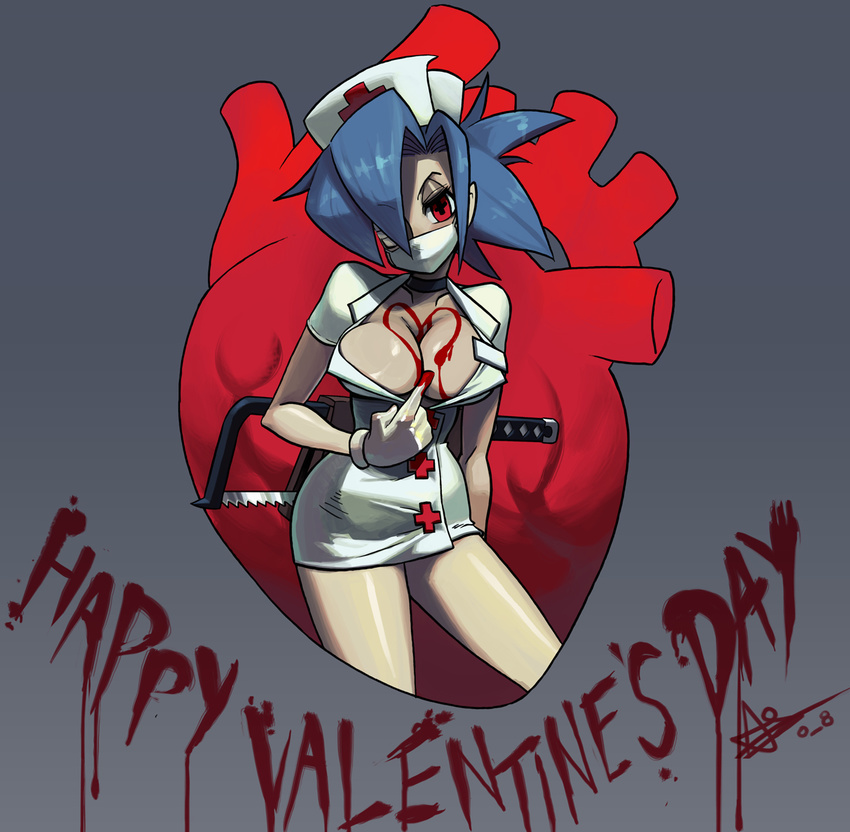1girl alex_ahad bare_legs blood blood_writing blue_hair breasts choker cleavage gloves happy_valentine heart heart_(organ) large_breasts mask no_bra nurse red_eyes saw skullgirls solo surgical_mask valentine valentine_(skullgirls) weapon white_gloves