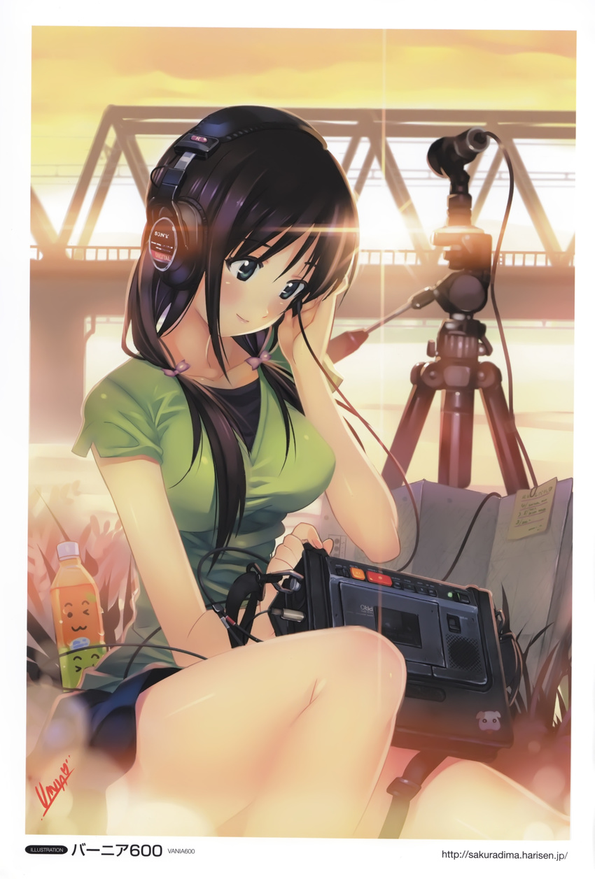 absurdres black_hair blue_eyes blush bottle bridge duplicate hand_on_ear headphones highres legs lens_flare long_hair microphone original scan shirt sitting skirt smile solo sony sunset tape_recorder taut_clothes taut_shirt tripod twintails vania600